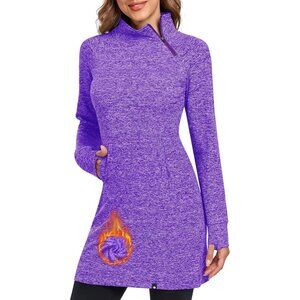 Women's Fleece Dress Running Sweatshirt Dress with Thumb Holes Pocket Zip-Purple
